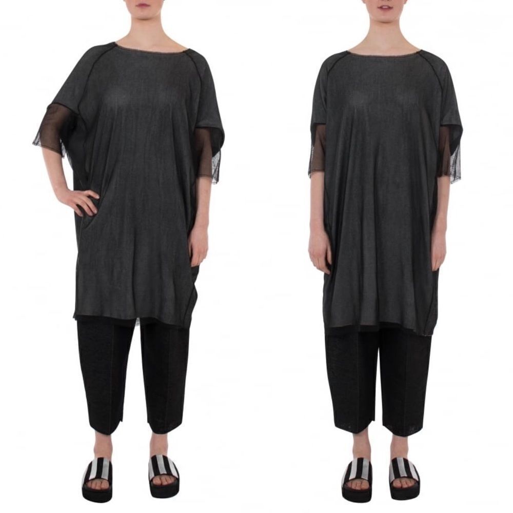 KEDZIOREK Lagenlook Oversized Short Sleeve Layered Tunic Dress Black 44